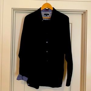 Men’s Ted Baker black dress shirt.  Very nice cuff collar pattern.  Size 6 = L